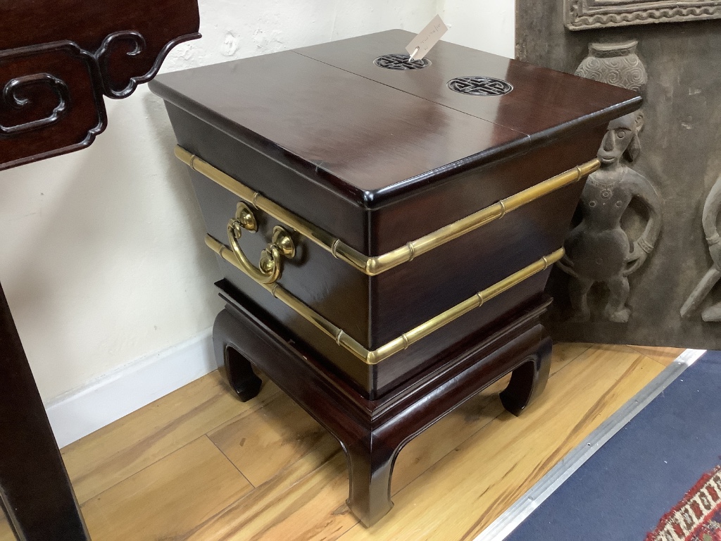 A Chinese brass-mounted hardwood container and cover on low stand, width 49cm depth 50cm height 60cm 50 x 59cm